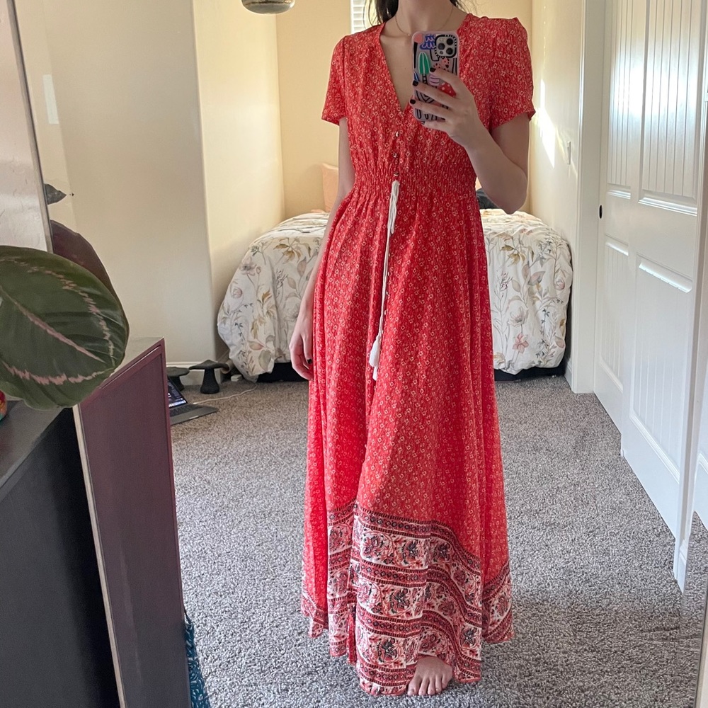 Gorgeous red coral boho dress with front buttons